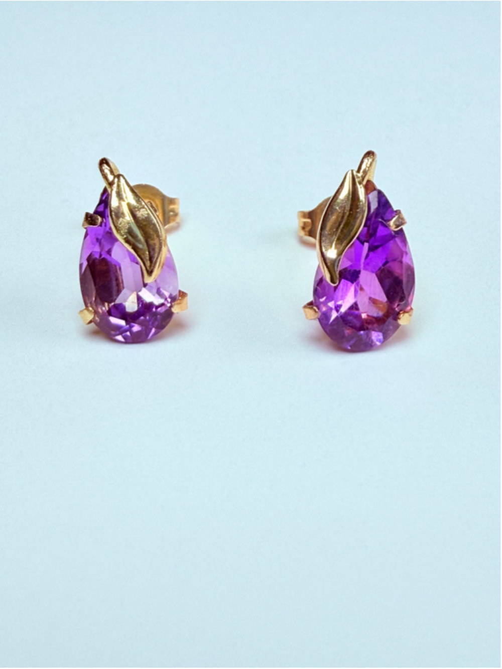 14K Solid Yellow Gold 1 CT Amethyst Pear Cut Solitaire Stud Earrings